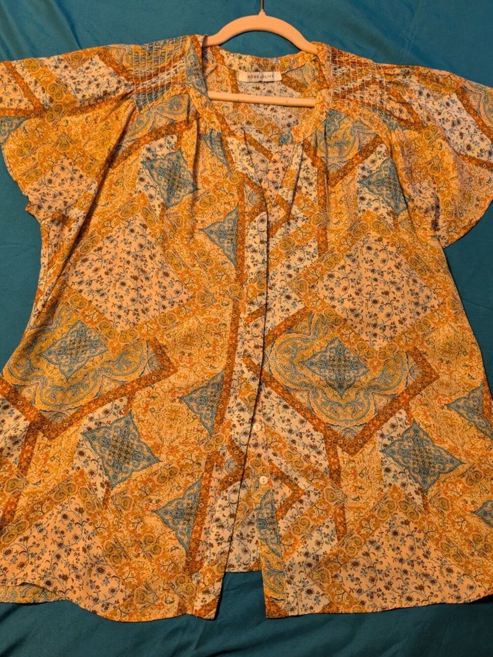 Boho Rose + Olive Yellow Paisley Blouse 2X-3X